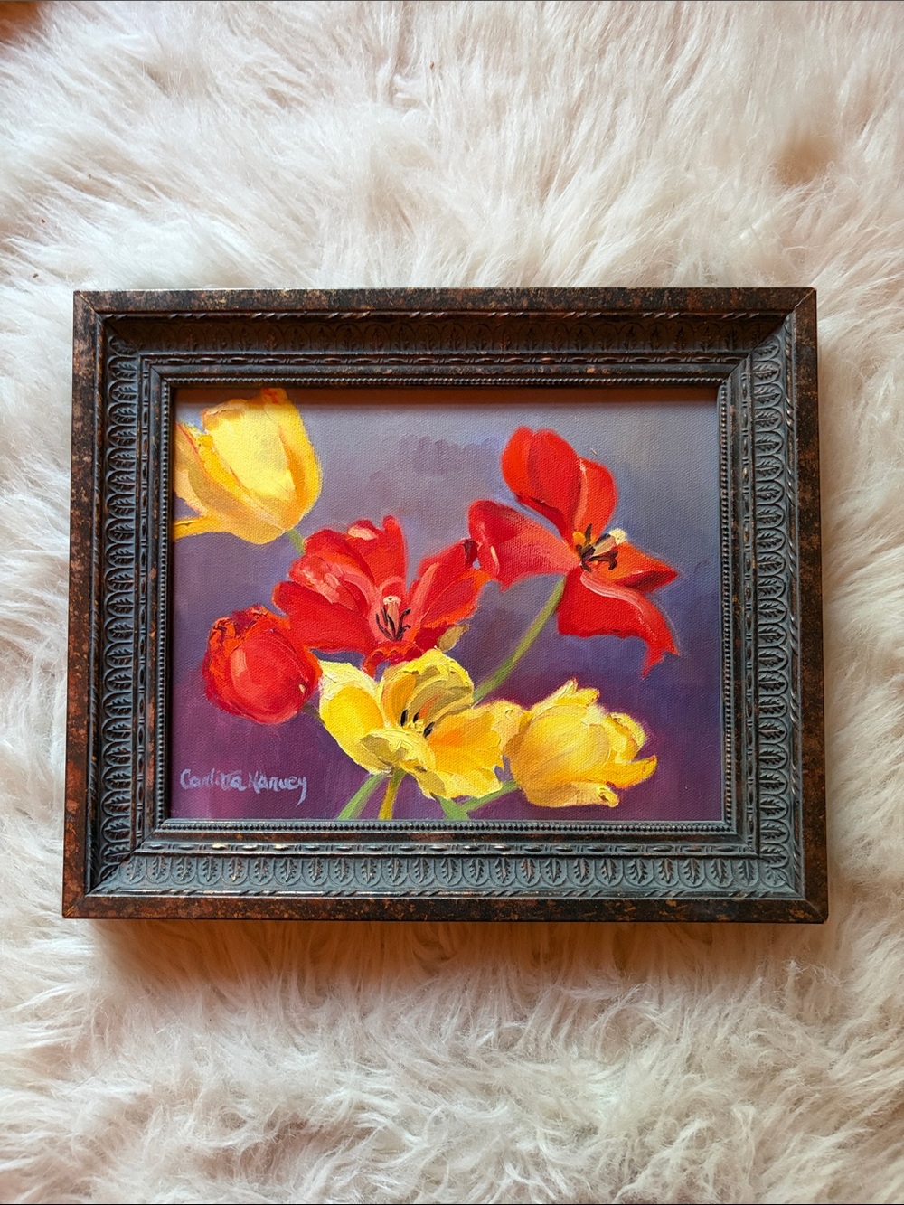 Hand painted framed colorful l tulips